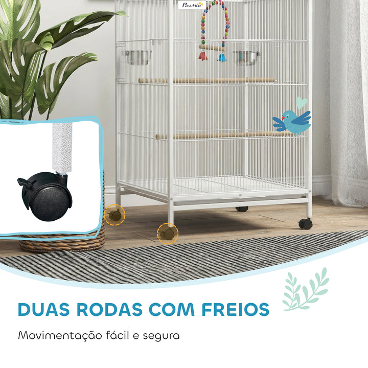 Gaiola para Pássaros com Rodas Gaiola de Aço com Poleiros Baloiço Bandeja Removível e Tigelas de Aço Inoxidável Grande para Papagaios Canários Periquitos 48x46x78 cm Branco