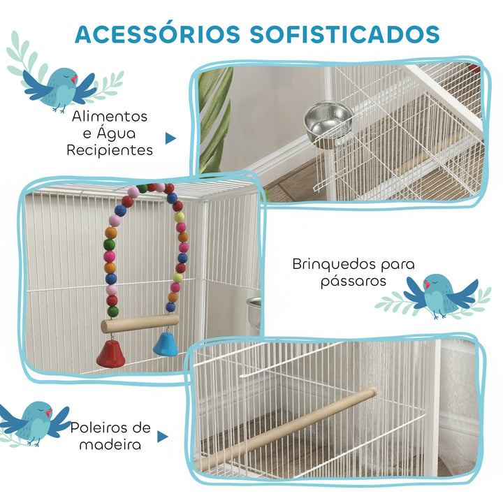 Gaiola para Pássaros com Rodas Gaiola de Aço com Poleiros Baloiço Bandeja Removível e Tigelas de Aço Inoxidável Grande para Papagaios Canários Periquitos 48x46x78 cm Branco