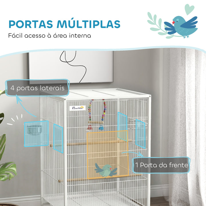 Gaiola para Pássaros com Rodas Gaiola de Aço com Poleiros Baloiço Bandeja Removível e Tigelas de Aço Inoxidável Grande para Papagaios Canários Periquitos 48x46x78 cm Branco