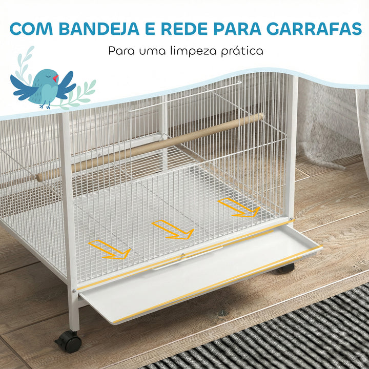 Gaiola para Pássaros com Rodas Gaiola de Aço com Poleiros Baloiço Bandeja Removível e Tigelas de Aço Inoxidável Grande para Papagaios Canários Periquitos 48x46x78 cm Branco