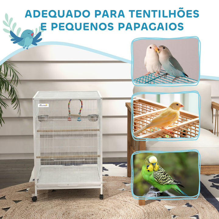 Gaiola para Pássaros com Rodas Gaiola de Aço com Poleiros Baloiço Bandeja Removível e Tigelas de Aço Inoxidável Grande para Papagaios Canários Periquitos 48x46x78 cm Branco