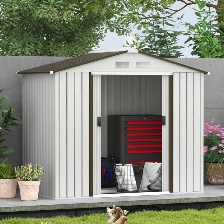 Abrigo de Jardim 213x130x185cm Abrigo de Jardim Metálico de Exterior para Armazenamento de Ferramentas com 2 Portas Deslizantes e 4 Janelas para Terraço Branco e Cinza