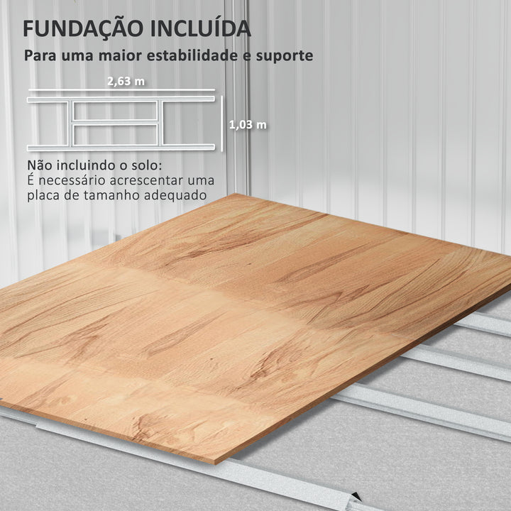 Abrigo de Jardim Exterior 4,9 m² 277x195x192 cm Abrigo de Jardim Metálico com Telhado de Fibra de Vidro Portas Deslizantes Base Reforçada (Chão NÃO Incluído) e Janelas Cinzento Escuro
