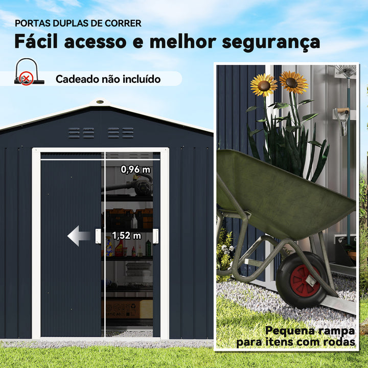 Abrigo de Jardim Exterior 4,9 m² 277x195x192 cm Abrigo de Jardim Metálico com Telhado de Fibra de Vidro Portas Deslizantes Base Reforçada (Chão NÃO Incluído) e Janelas Cinzento Escuro