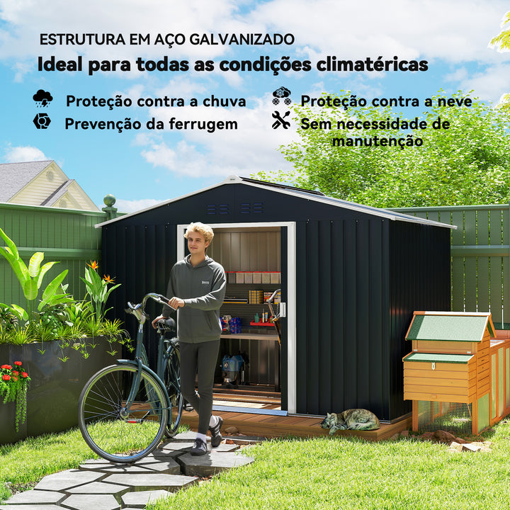 Abrigo de Jardim Exterior 4,9 m² 277x195x192 cm Abrigo de Jardim Metálico com Telhado de Fibra de Vidro Portas Deslizantes Base Reforçada (Chão NÃO Incluído) e Janelas Cinzento Escuro