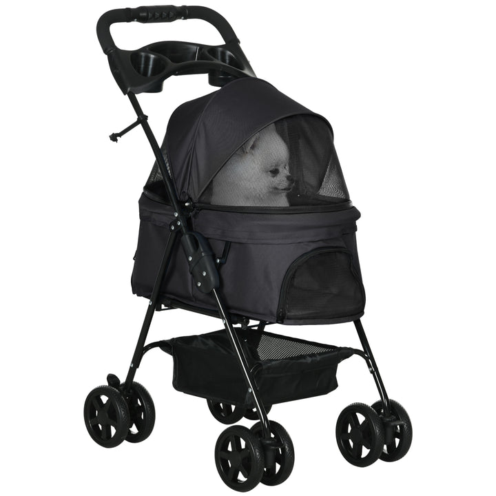 Carrinho para Cães Dobrável Carrinho para Cães Pequenos com Rodas Universáis Cesta de Armazenamento Correias de Segurança e Janelas 67x45x96 cm Preto