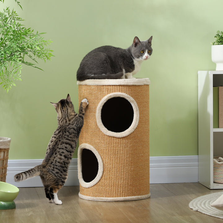 Barril Arranhador para Gatos 60 cm de Altura Tonel de Escalada com 2 Cavernas e Cobertura de Sisal Arranhador para Gatos Ø35x60 cm Marrom e Bege