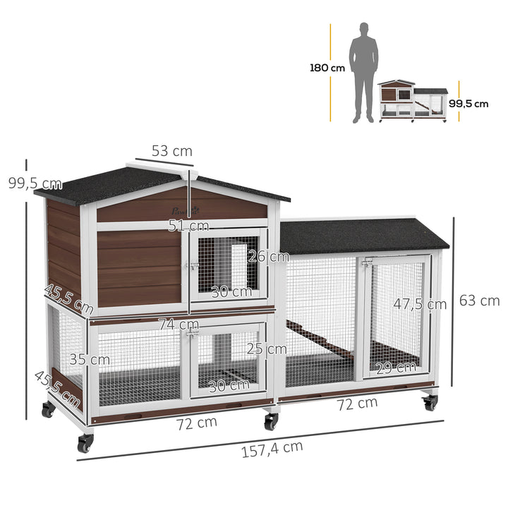Casota para Coelhos de Madeira com Rodas 157,4x53x99,5 cm Gaiola Grande com Telhado Asfáltico, Tabuleiros Removíveis e Rampa para Exterior e Interior Castanho