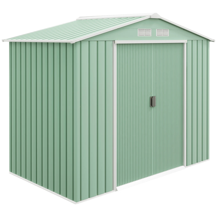 Abrigo de Jardim 213x130x185 cm Abrigo de Jardim Metálico de Exterior para Armazenamento de Ferramentas com 2 Portas Deslizantes e 4 Janelas para Terraço Verde Claro