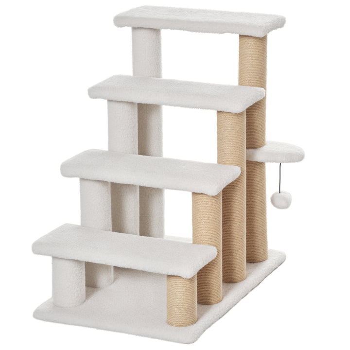 Escada para Gatos de 4 Níveis Coberta de Pelúcia Suave Poste de Juta Bola Pendurada Arranhador para Gatos 60x40x64 cm Branco