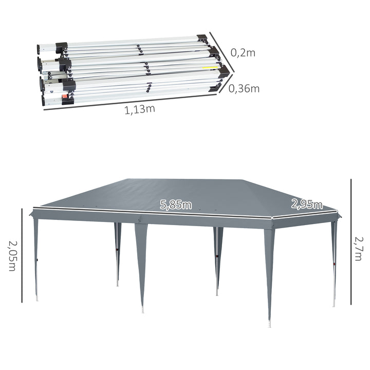 Tenda Dobrável 585x295x270 cm Tenda de Jardim Portátil com Bolsa de Transporte Tecido Oxford Estrutura de Aço para Exterior Festas Acampamento Cinza