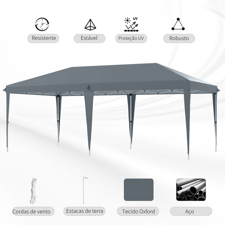 Tenda Dobrável 585x295x270 cm Tenda de Jardim Portátil com Bolsa de Transporte Tecido Oxford Estrutura de Aço para Exterior Festas Acampamento Cinza