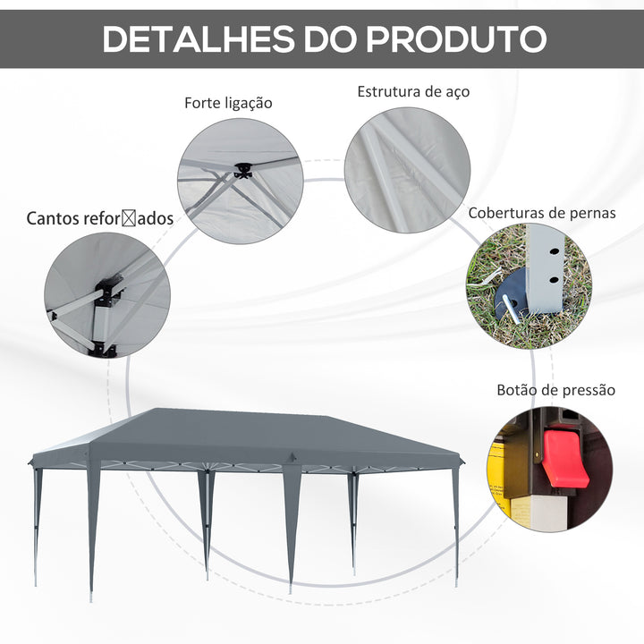 Tenda Dobrável 585x295x270 cm Tenda de Jardim Portátil com Bolsa de Transporte Tecido Oxford Estrutura de Aço para Exterior Festas Acampamento Cinza