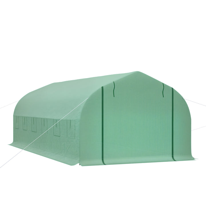 Estufa de Túnel 595x300x200cm Estufa de Jardim Grande com 12 Janelas e Porta Enrolável com Zíper para Cultivo de Plantas Verde
