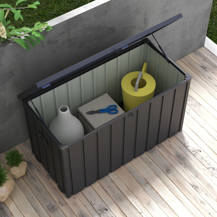 Baú Exterior com Capacidade de 450L Baú de Armazenamento em Aço com 4 Rodas 2 Pegas e Tampa com Ranhura para Cadeado Resistente às Condições Climáticas para Jardim Terraço Pátio 125,5x61,5x70 cm Cinzento Escuro