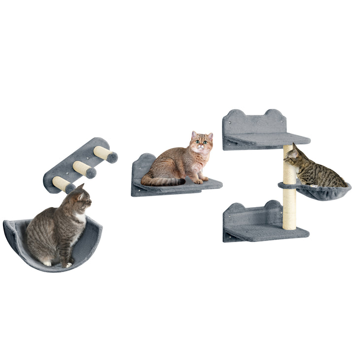 Prateleiras de Escalada para Gatos de Parede Conjunto de Prateleiras para Gatos 4 Peças com Rede Plataforma Semicircular Plataformas de Salto e Poste de Sisal Cinza