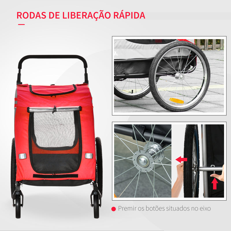 Reboque de Bicicleta para Cães 2 em 1 Transporte para Animais de Estimação com Porta Enrolável Janelas Cinto de Segurança Bandeira e 6 Refletores 140x72,5x108 cm Vermelho