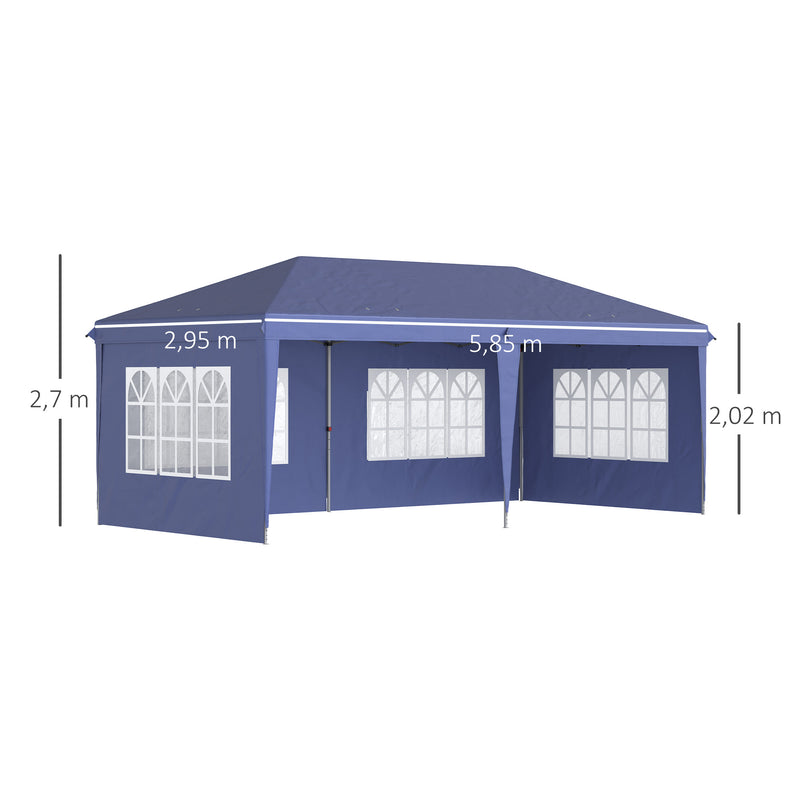 Tenda Dobrável 585x295x270 cm com 4 Paredes Laterais Amovíveis Tenda de Jardim com 4 Janelas e Bolsa de Transporte para Pátio Exterior Azul