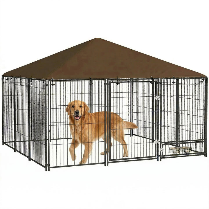 Parque para Cães com Toldo Canil para Exterior com Suporte Giratório para Comida 2 Tigelas Incluídas 211x211x151 cm Preto Marrom