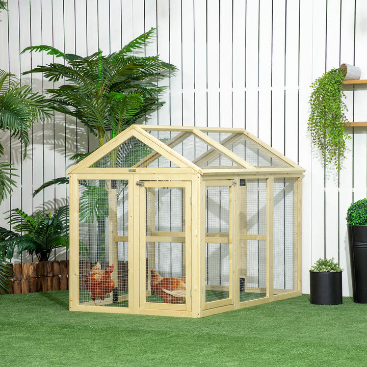 Galinheiro para Exterior 140x88,5x106 cm Galinheiro para 1-3 Galinhas com 3 Poleiros Estrutura de Madeira e 2 Portas com Fechadura para Pátio Madeira Clara