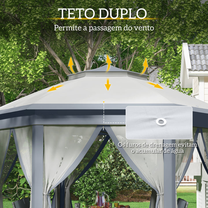 Tenda Dobrável 4x3,4 m Tenda de Jardim Hexagonal com Duplo Tecto 6 Mosquiteiras Destacáveis e Saco de Transporte Impermeável Anti-UV para Exterior Festas Cinzento