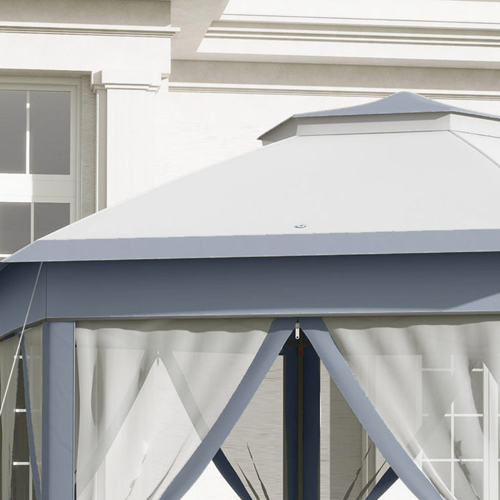 Tenda Dobrável 4x3,4 m Tenda de Jardim Hexagonal com Duplo Tecto 6 Mosquiteiras Destacáveis e Saco de Transporte Impermeável Anti-UV para Exterior Festas Cinzento