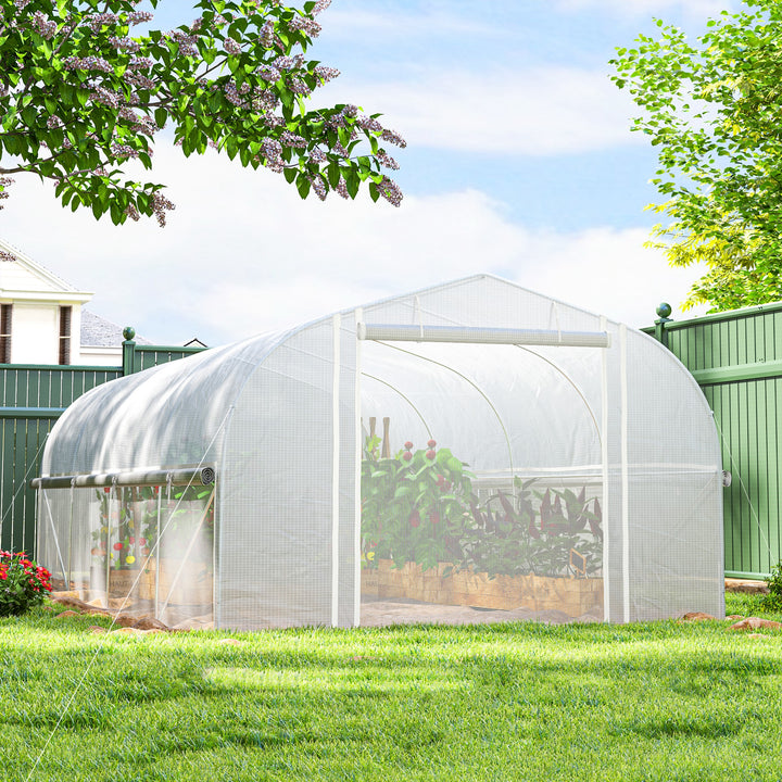 Estufa tipo Túnel 6x3x2 m Estufa de Exterior com 8 Janelas Cobertura de PE Anti UV e Porta Enrolável com Fecho de Correr Paredes Laterais com Malha Branco