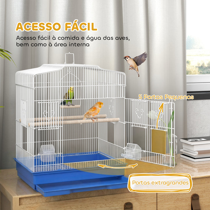 Gaiola para Pássaros, Gaiola de Aço para Pássaros com Portas 2 Recipientes, 2 Poleiros Baloiço Bandeja Removível e Pega de Transporte para Papagaio Canário Periquito 46,5x36x59 cm Azul