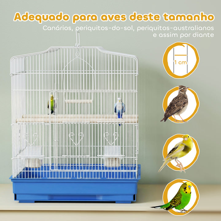 Gaiola para Pássaros, Gaiola de Aço para Pássaros com Portas 2 Recipientes, 2 Poleiros Baloiço Bandeja Removível e Pega de Transporte para Papagaio Canário Periquito 46,5x36x59 cm Azul