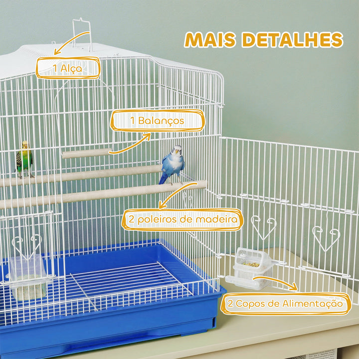 Gaiola para Pássaros, Gaiola de Aço para Pássaros com Portas 2 Recipientes, 2 Poleiros Baloiço Bandeja Removível e Pega de Transporte para Papagaio Canário Periquito 46,5x36x59 cm Azul