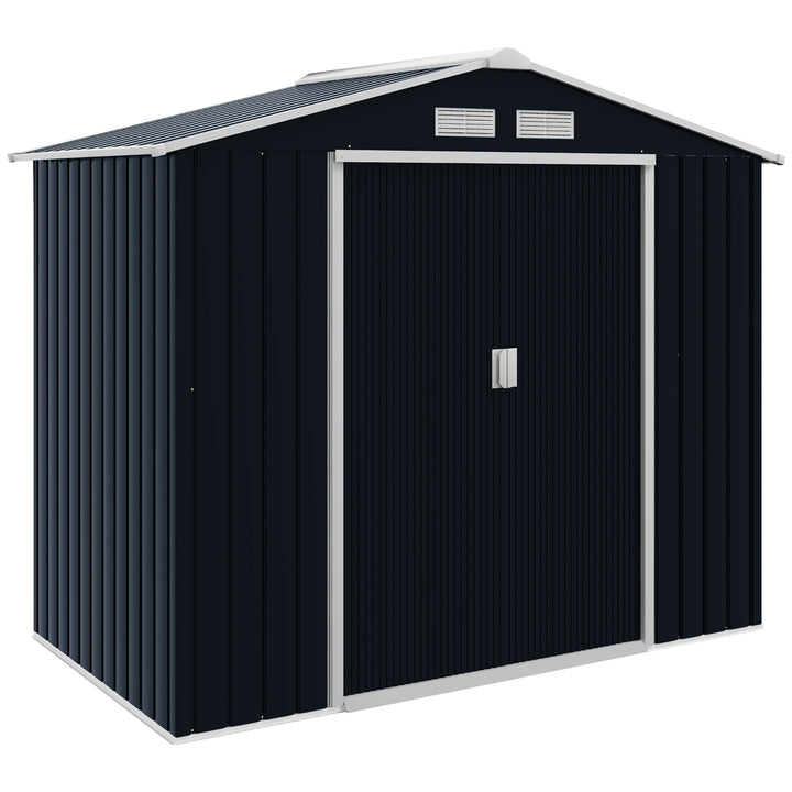 Abrigo de Jardim 213x130x185cm Abrigo de Jardim Metálico de Exterior para Armazenamento de Ferramentas com 2 Portas Deslizantes e 4 Janelas para Terraço Cinza Escuro
