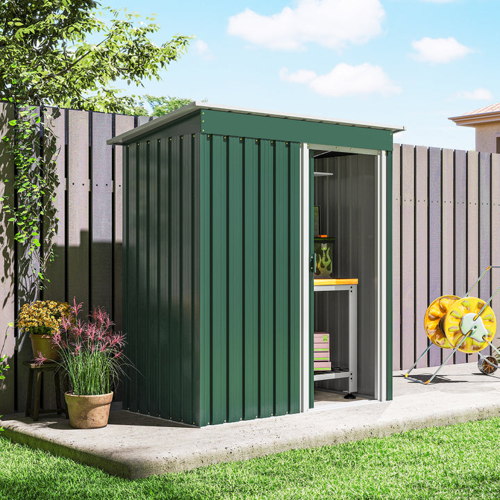 Abrigo de Jardim Exterior 1,5 m² 163x89x182 cm Abrigo Metálico para Ferramentas com Porta de Correr e Teto Inclinado para Pátio Verde