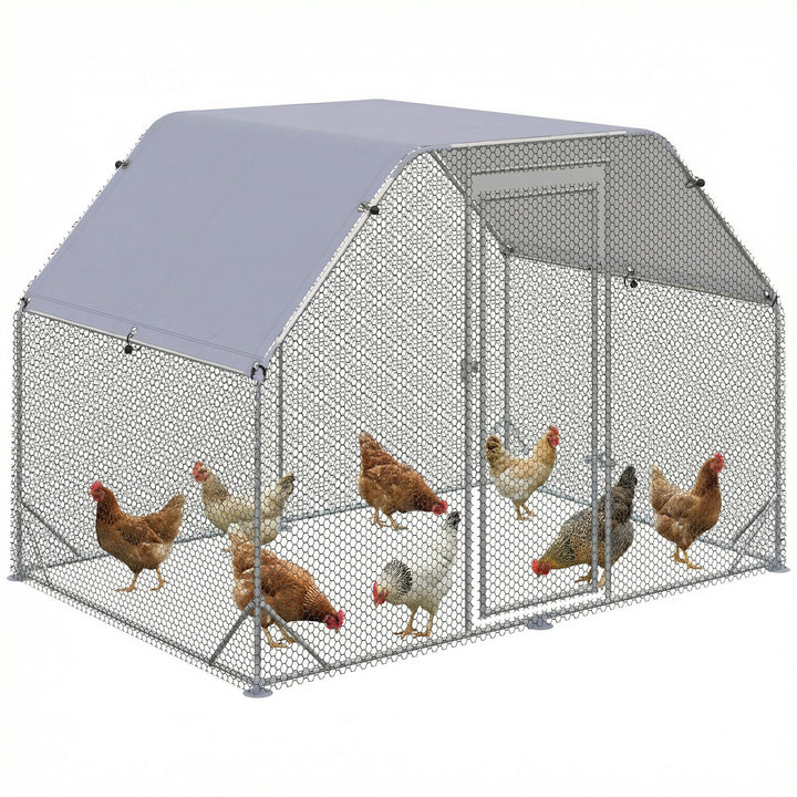 Galinheiro de Exterior, 2,8x1,9x1,95 m, Estrutura de Aço Galvanizado, Cobertura de Tecido Oxford Anti-UV e Impermeável, Capacidade para 4-6 Galinhas e Coelhos, Prata
