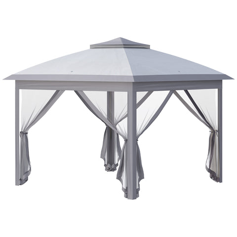 Tenda Dobrável Exterior 3,3x3,3 m com Altura Ajustável Tenda de Jardim com Teto Duplo 4 Mosquiteiras Removíveis e Bolsa de Transporte para Acampamento Festas Cinza
