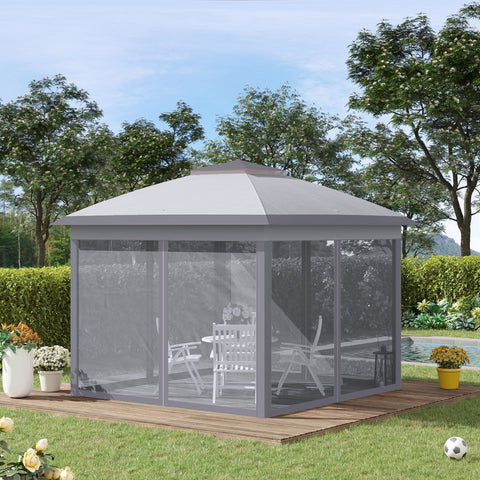 Tenda Dobrável Exterior 3,3x3,3 m com Altura Ajustável Tenda de Jardim com Teto Duplo 4 Mosquiteiras Removíveis e Bolsa de Transporte para Acampamento Festas Cinza