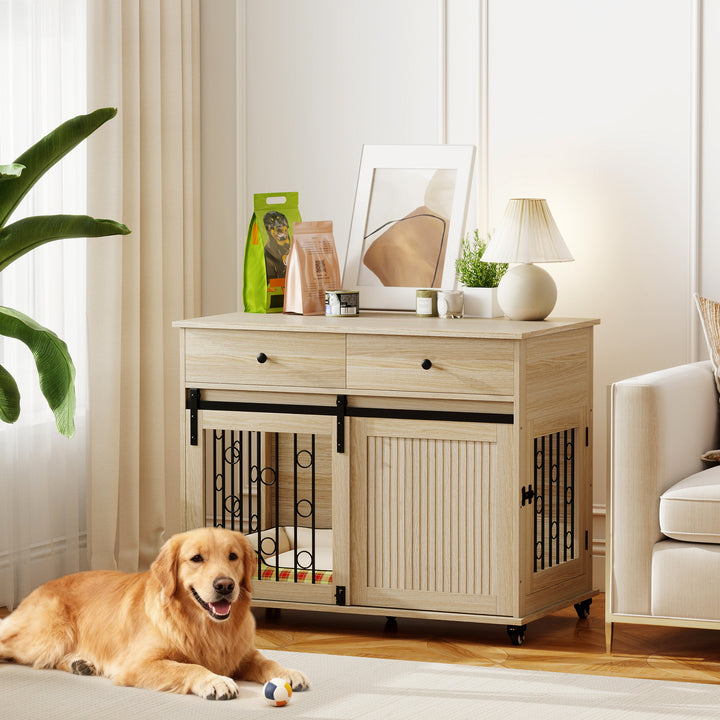 Gaiola para Cães com Rodas Mesa de Apoio Casa para Animais Moderna com 2 Gavetas 2 Portas e Fecho para Cães Médios e Grandes 100x56x81 cm Carvalho