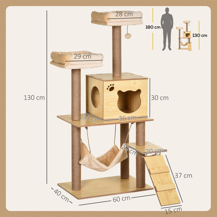 Arranhador para Gatos Altura 130 cm Torre para Gatos com Poste de Arranhar de Juta 2 Camas Rede Caverna Bola Suspensa Rede e Rampa 60x40x130 cm Madeira