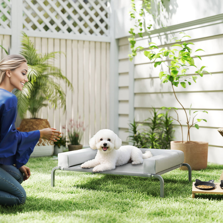 Cama Elevada para Cães com Latertais Amovíveis Cama Elevada para Cães Pequenos Portátil com Malha Respirável Estrutura de Aço para Interior e Exterior 90x65x30 cm Cinza Claro