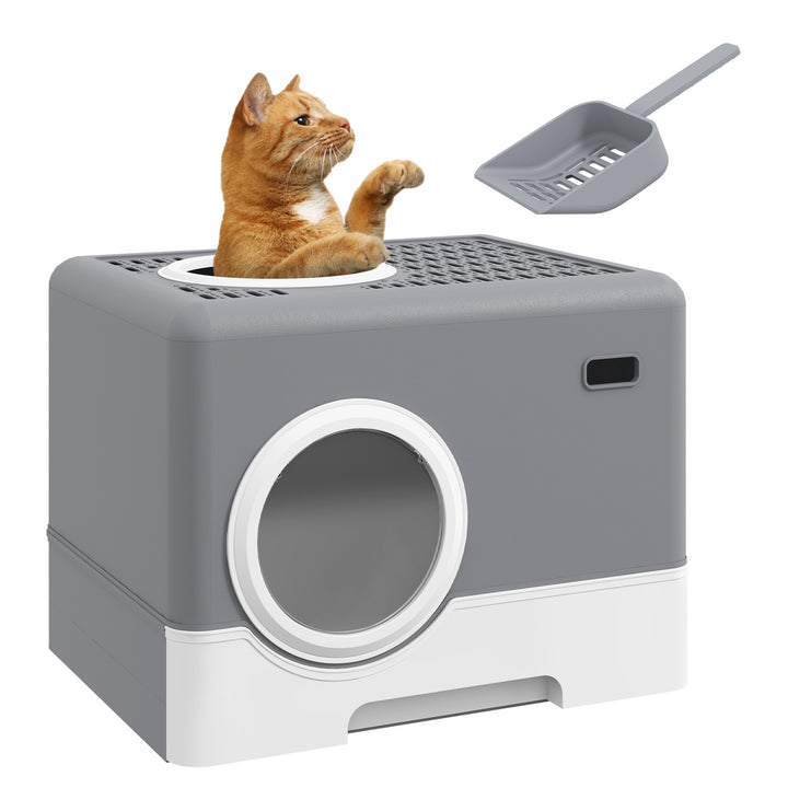 Caixa de Areia para Gatos Sanita para Animais de Estimação com Pá Bandeja Removível 2 Portas Entrada Frontal e Saída Superior 52x41x38,5 cm Cinzento