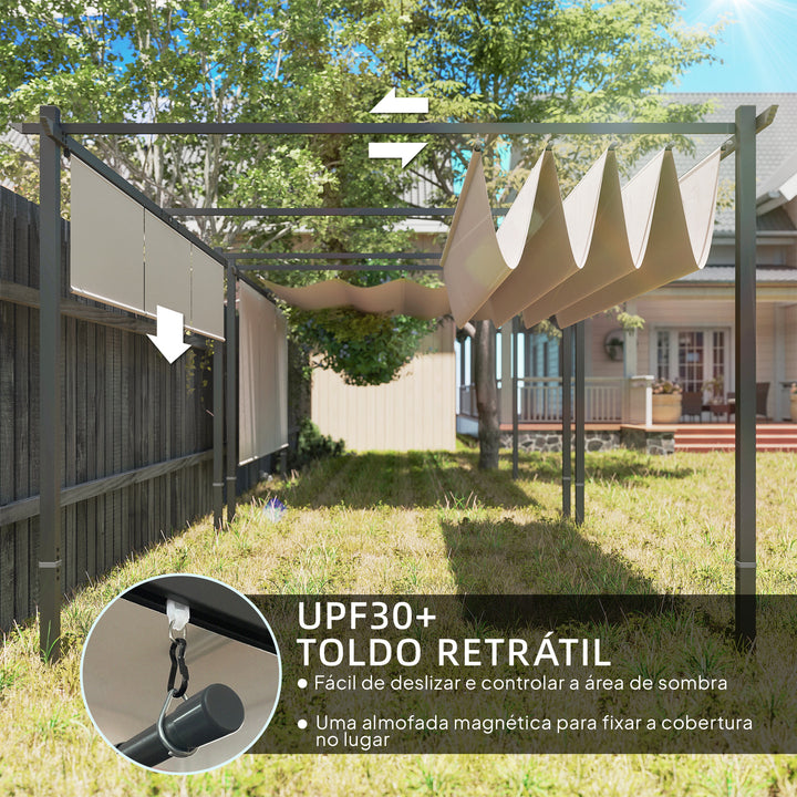 Pérgola com Teto Retrátil Pérgola de 390x293x220 cm Pérgola de Parede ou Independente com Lados Enroláveis Proteção UV30+ Pérgola para Jardim Patio Exterior Bege