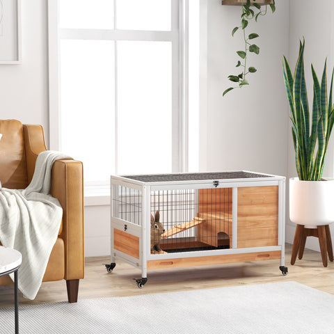 Coelheira de Madeira Gaiola de para Pequenos Animais Portátil com Teto Abatível Rampa Bandeja Removível para Coelhos da Índia 90x53x59 cm Madeira