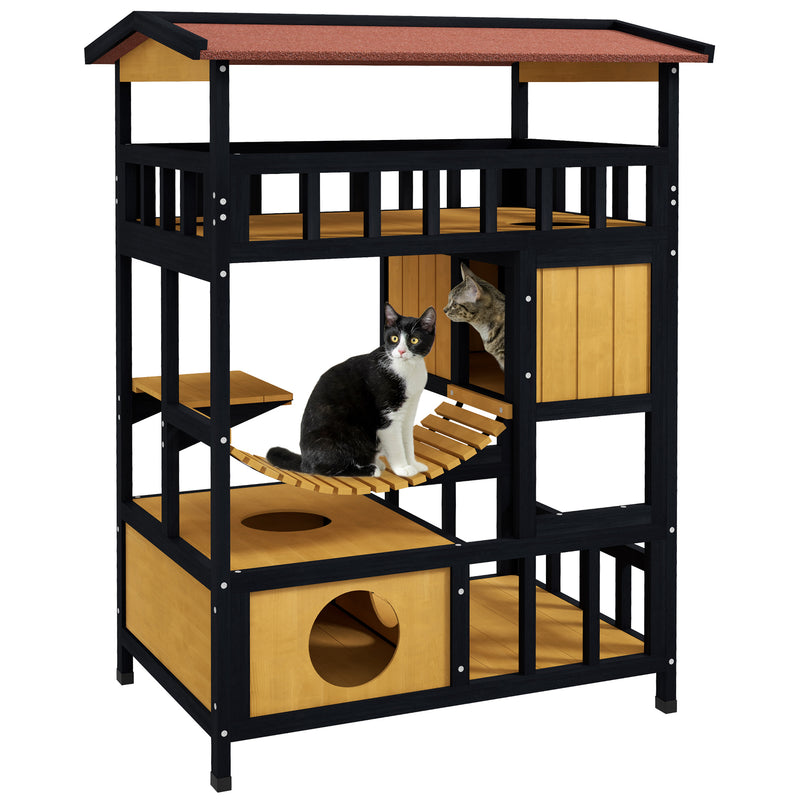 Casa para Gatos de Madeira 84x60x116 cm Abrigo para Gatos de 4 Níveis para Exterior com Ponte Suspensa Varanda e Telhado Asfáltico Natural