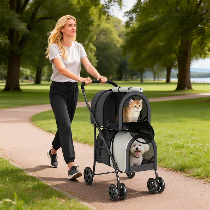 Carrinho Duplo para Cães e Gatos Dobrável com 2 Transportadoras Removíveis Cinto de Segurança Bolsos Laterais e 2 Almofadas Cada Compartimento Suporta 10 kg 66x50x98 cm Cinzento Escuro