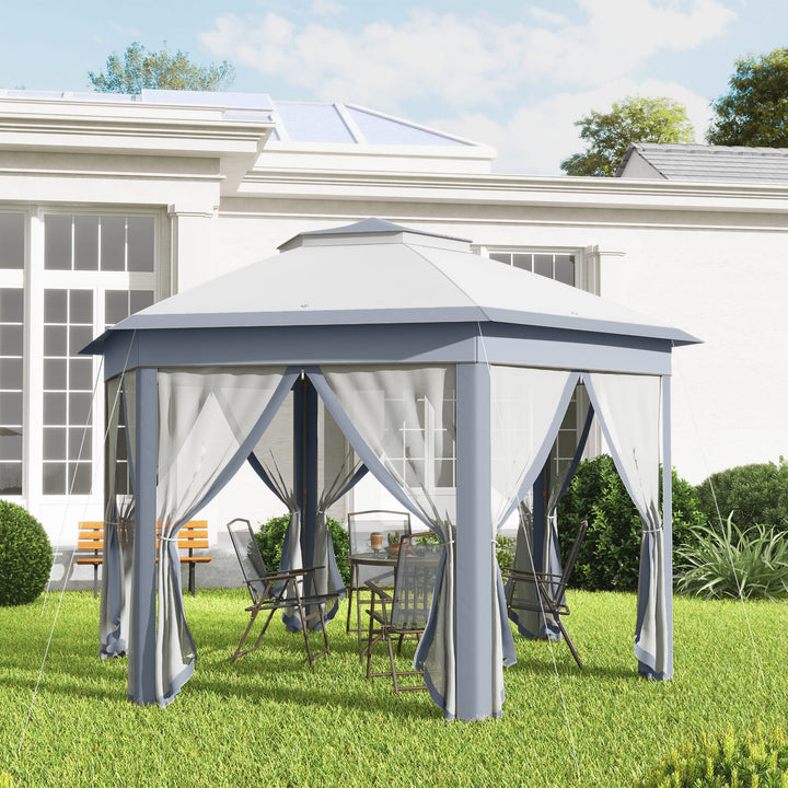 Tenda Dobrável 4x3,4 m Tenda de Jardim Hexagonal com Duplo Tecto 6 Mosquiteiras Destacáveis e Saco de Transporte Impermeável Anti-UV para Exterior Festas Cinzento