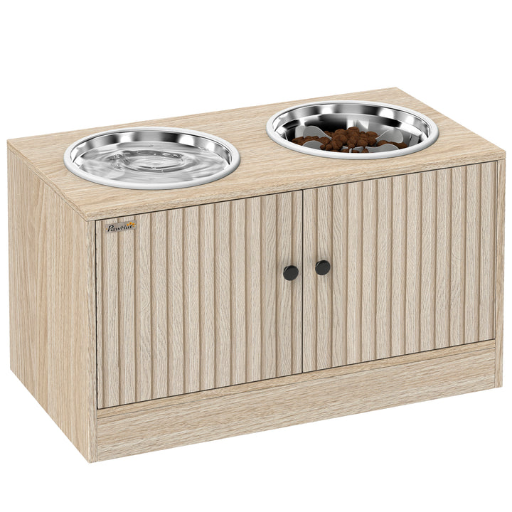 Comedouro Elevado para Cães com 2 Tigelas de Aço Inoxidável 2x2000 ml com 2 Portas Comedouro com Armazenamento Oculto e Antiderrapantes 60x30x35,5 cm Carvalho