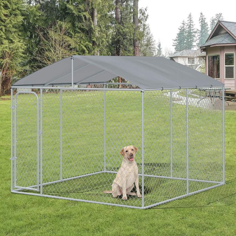 Canil de Exterior com Toldo Gaiola para Animais de Estimação com 1 Porta e Estrutura de Aço para Jardim Pátio 300x300x234 cm Prata