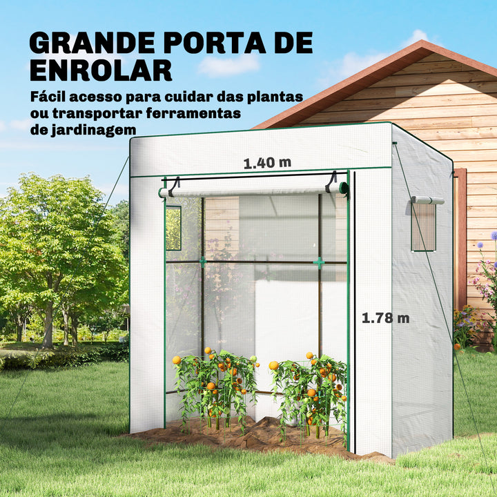 Estufa Pequena de Exterior com Janelas de Rede e Porta com Fecho de Correr Estrutura de Aço e Cobertura de PE 140g/m² para Cultivar Tomates, Plantas e Flores 196x77x197 cm Branco