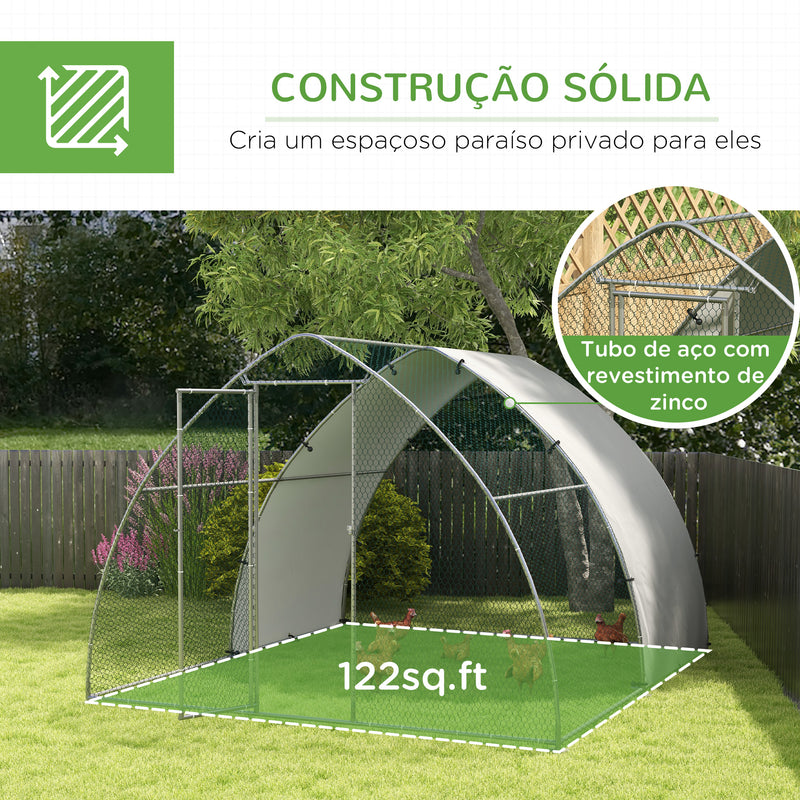 Galinheiro para Exterior 304x375x220 cm Galinheiro para Galinhas de Aço Galvanizado Cobertura de Tecido Oxford Resistente aos Raios UV e Impermeável para Pátio Prata