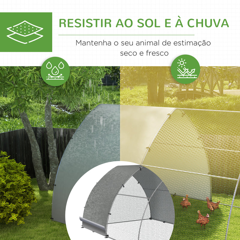 Galinheiro para Exterior 304x375x220 cm Galinheiro para Galinhas de Aço Galvanizado Cobertura de Tecido Oxford Resistente aos Raios UV e Impermeável para Pátio Prata