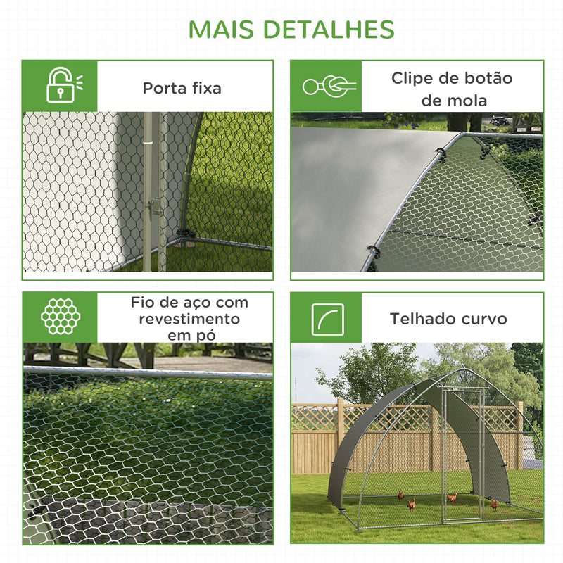 Galinheiro para Exterior 304x375x220 cm Galinheiro para Galinhas de Aço Galvanizado Cobertura de Tecido Oxford Resistente aos Raios UV e Impermeável para Pátio Prata